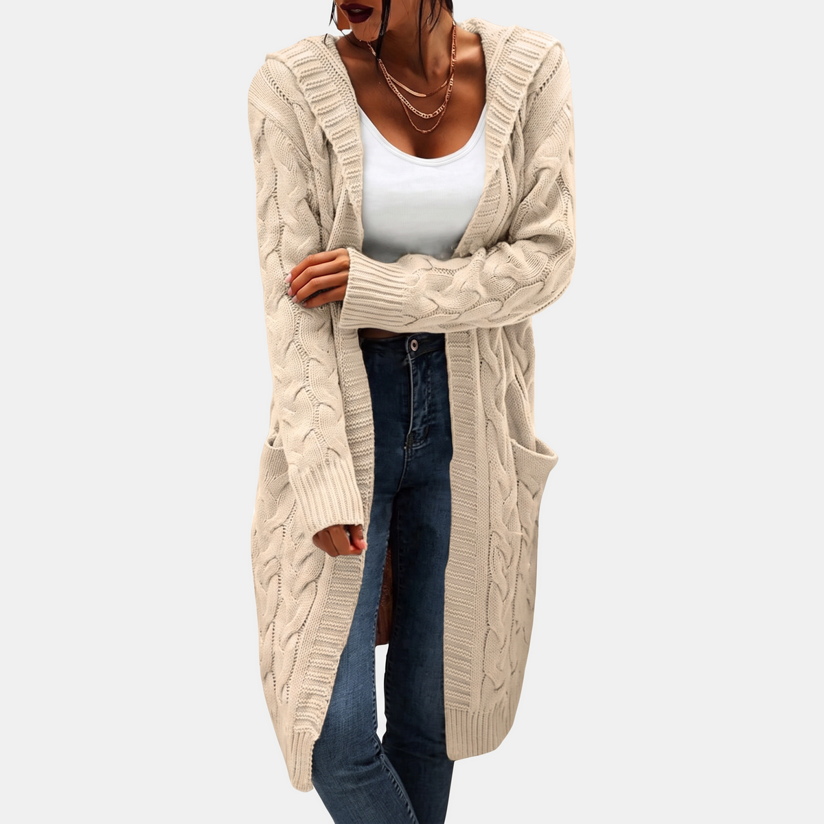 Women's Hooded Cable Knit Open Front Cardigan Sweater