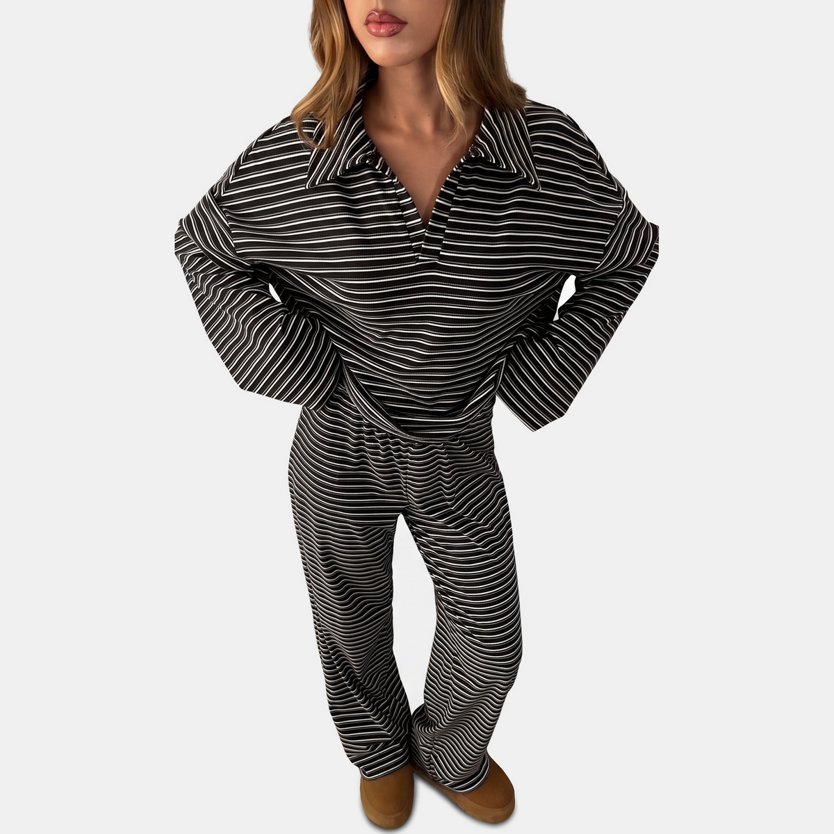 Women's Pajama Sets Striped Spread Collar Wide Leg Lounge Set