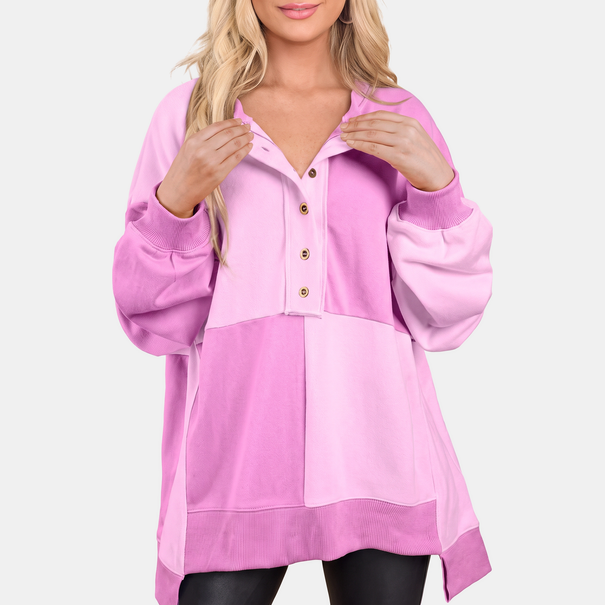 Women's Oversized Crewneck Sweatshirt with Button Placket and Side Slits