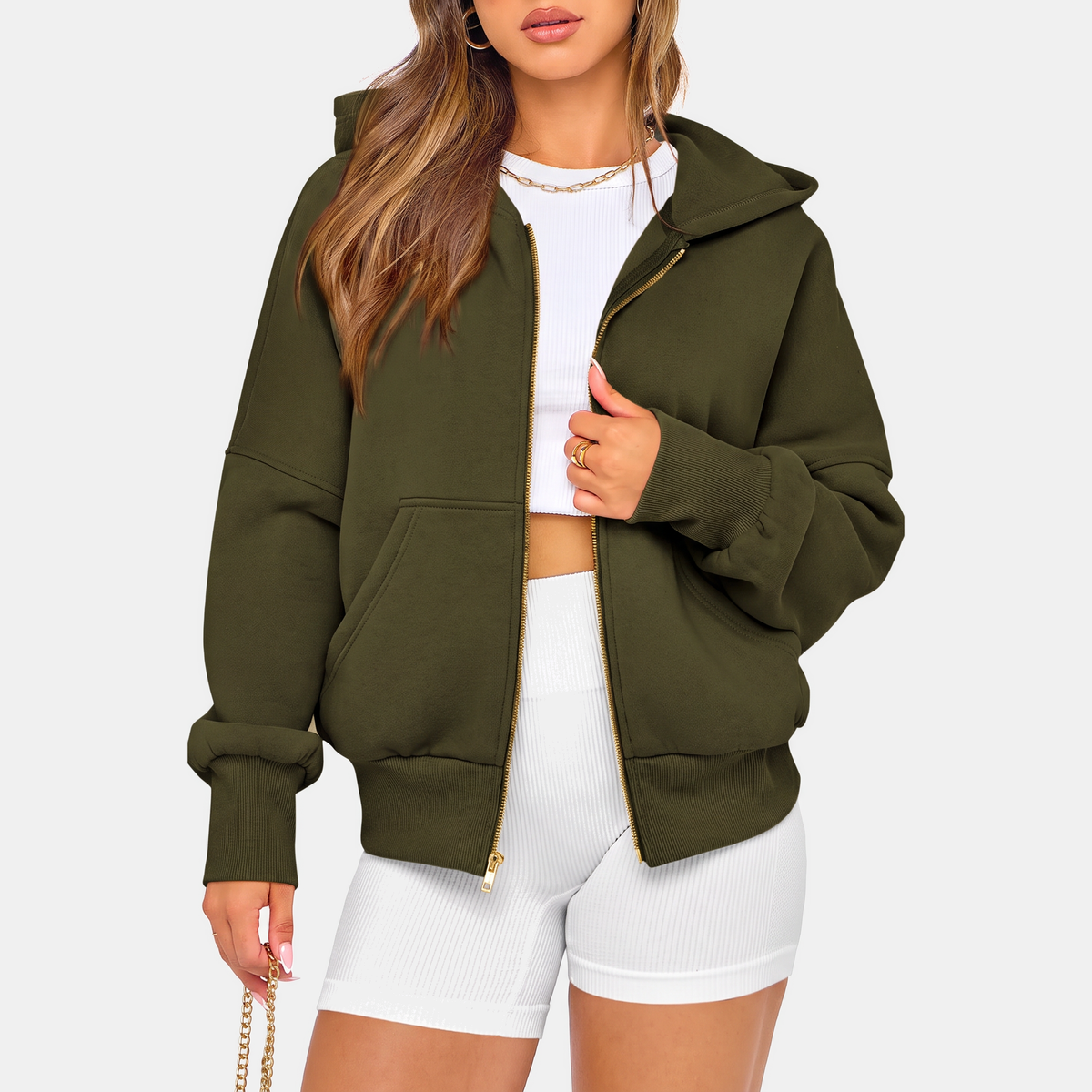 Women's Zip Up Hoodie Cropped Fleece Sweatshirt with Pockets