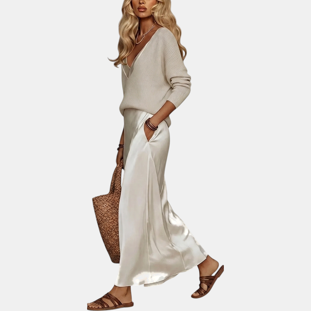 Women's Satin Bias Cut Midi Skirt Knit Sweater Two Piece Set