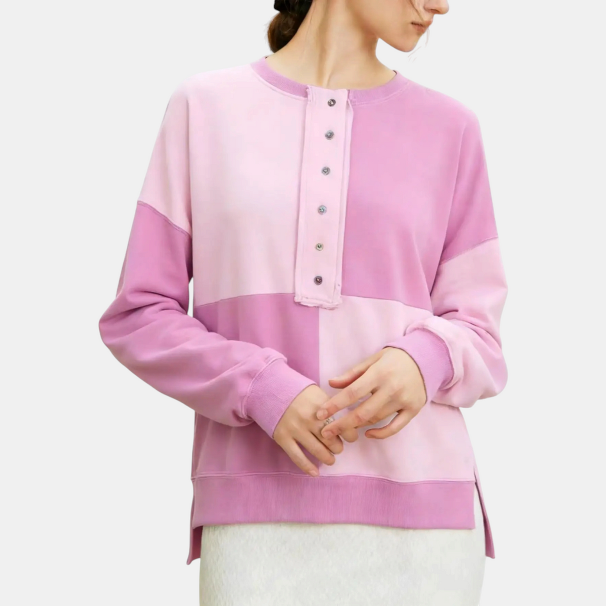 Women's Oversized Half Button Placket Colour Block Sweatshirt