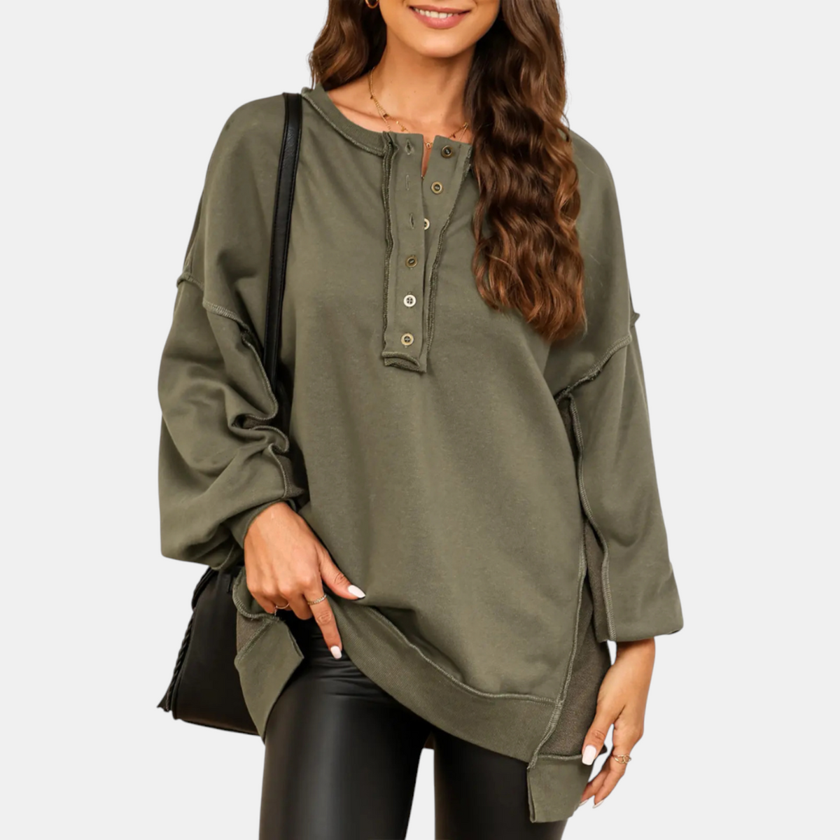 Women's Oversized Button Henley Sweatshirt with High Low Hem