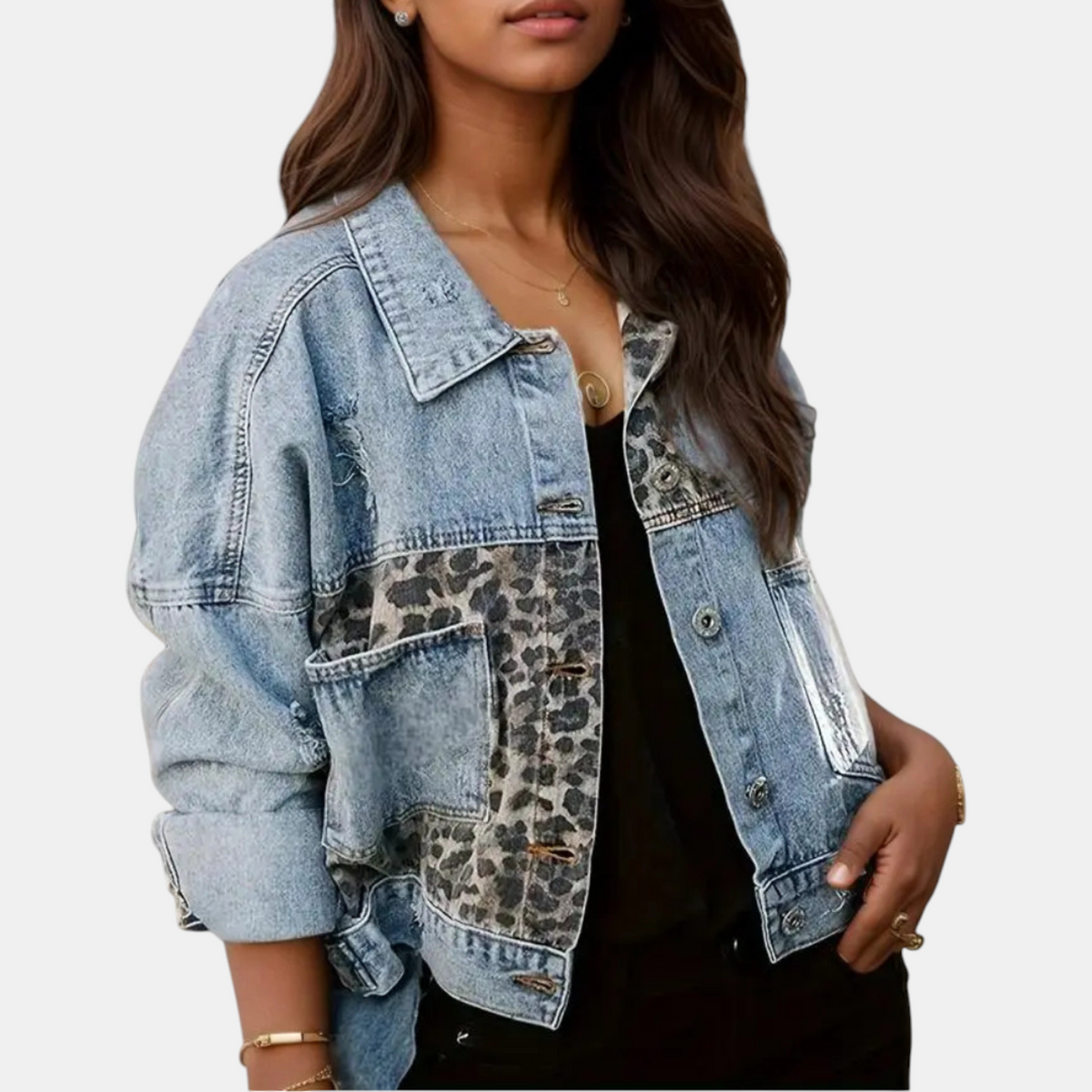 Women's Patchwork Denim Jacket with Frayed Hem Long Sleeve