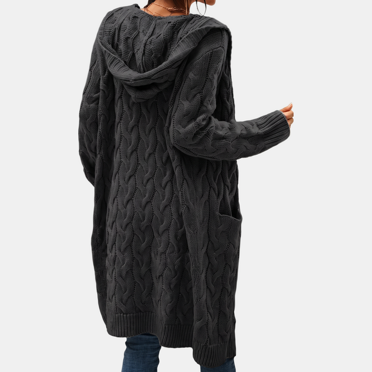 Women's Hooded Cable Knit Open Front Cardigan Sweater