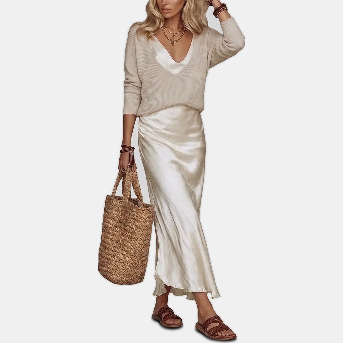 Women's Satin Bias Cut Midi Skirt Knit Sweater Two Piece Set
