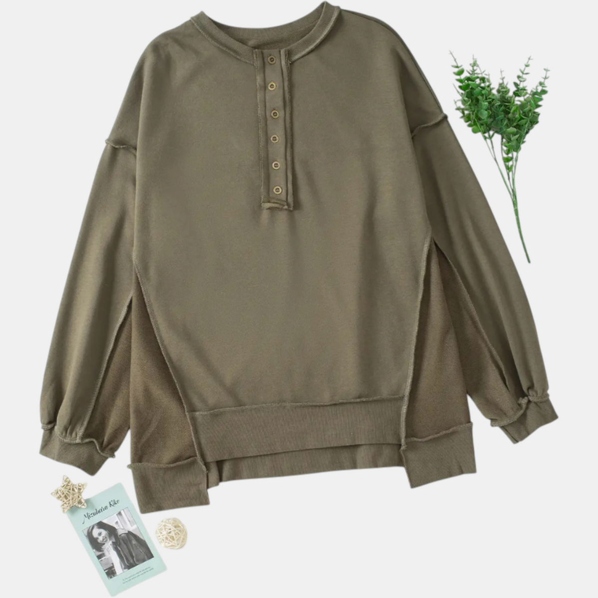 Women's Oversized Button Henley Sweatshirt with High Low Hem