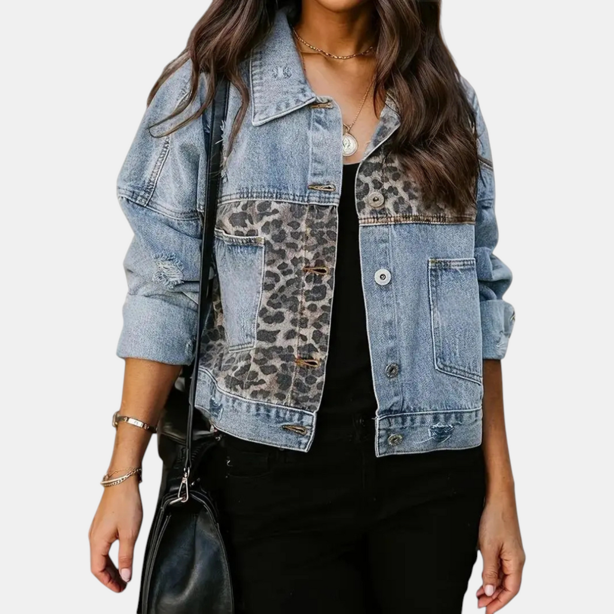 Women's Patchwork Denim Jacket with Frayed Hem Long Sleeve