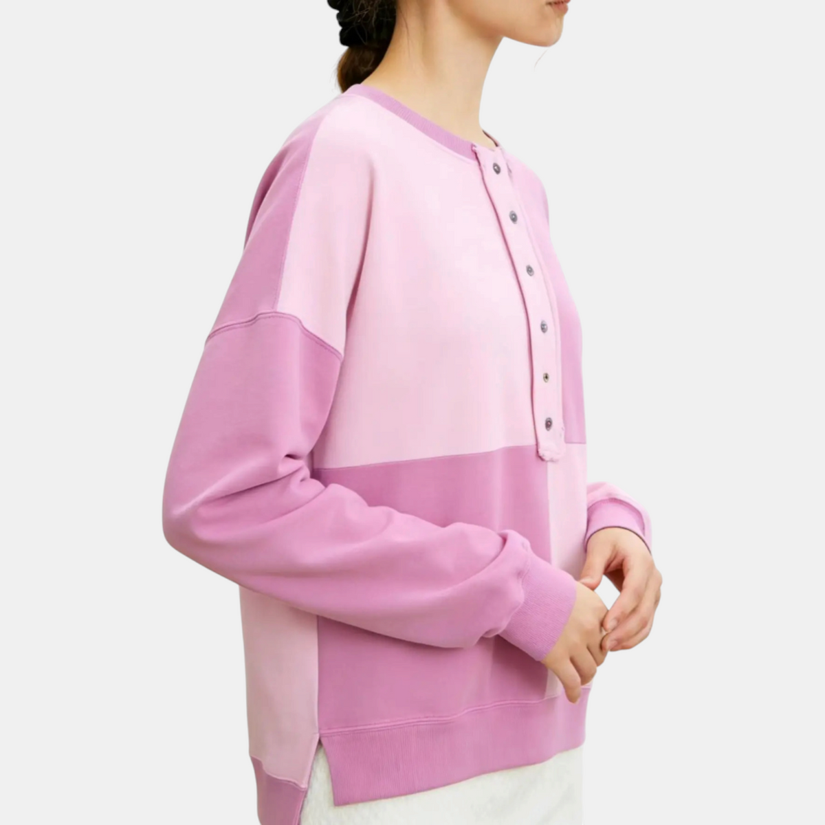 Women's Oversized Half Button Placket Colour Block Sweatshirt
