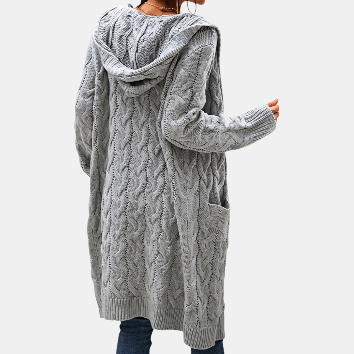 Women's Hooded Cable Knit Open Front Cardigan Sweater