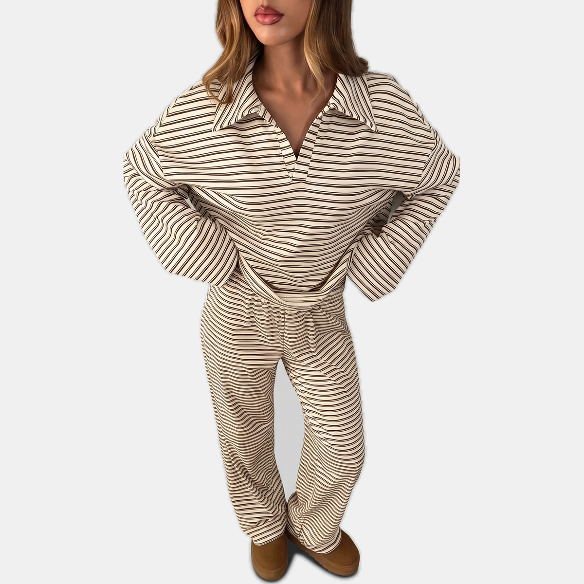 Women's Pajama Sets Striped Spread Collar Wide Leg Lounge Set