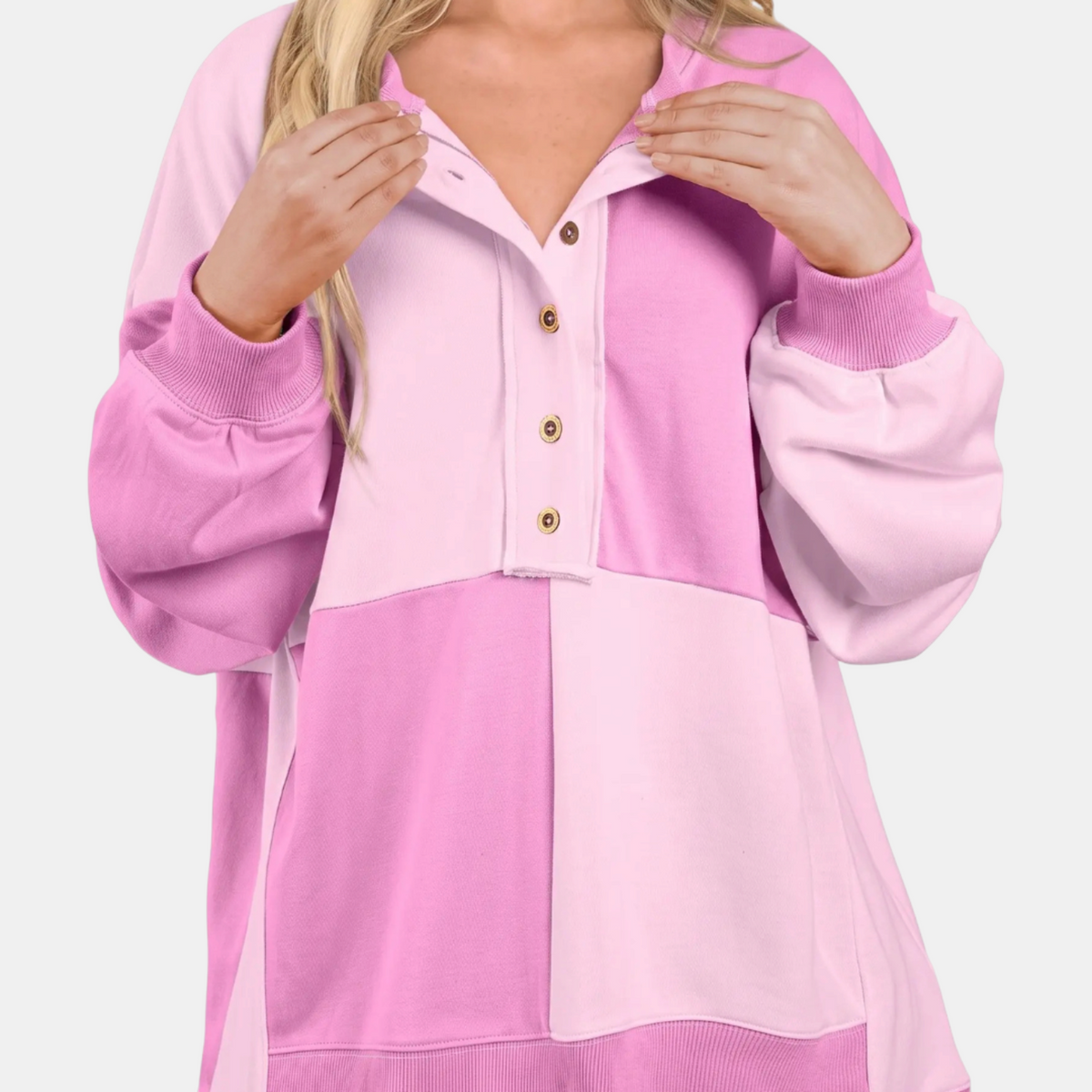 Women's Oversized Half Button Placket Colour Block Sweatshirt