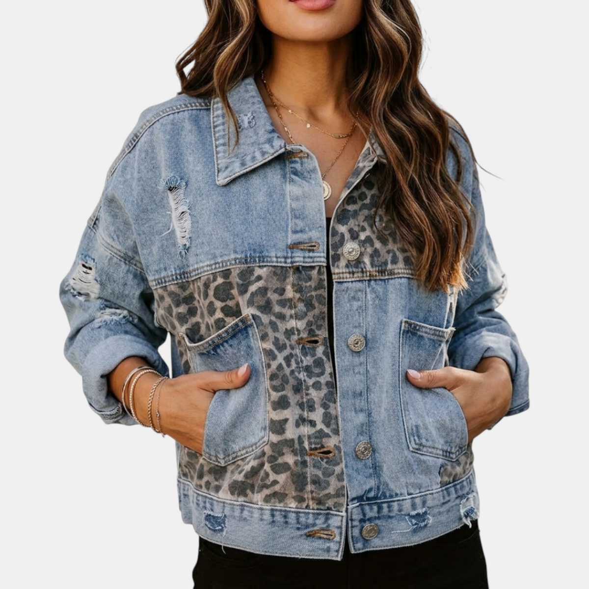 Women's Patchwork Denim Jacket with Frayed Hem Long Sleeve