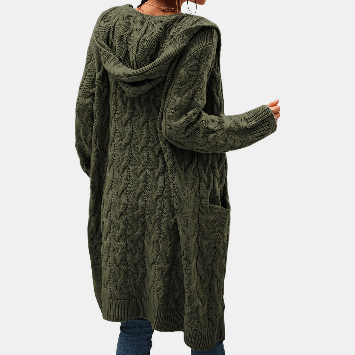Women's Hooded Cable Knit Open Front Cardigan Sweater