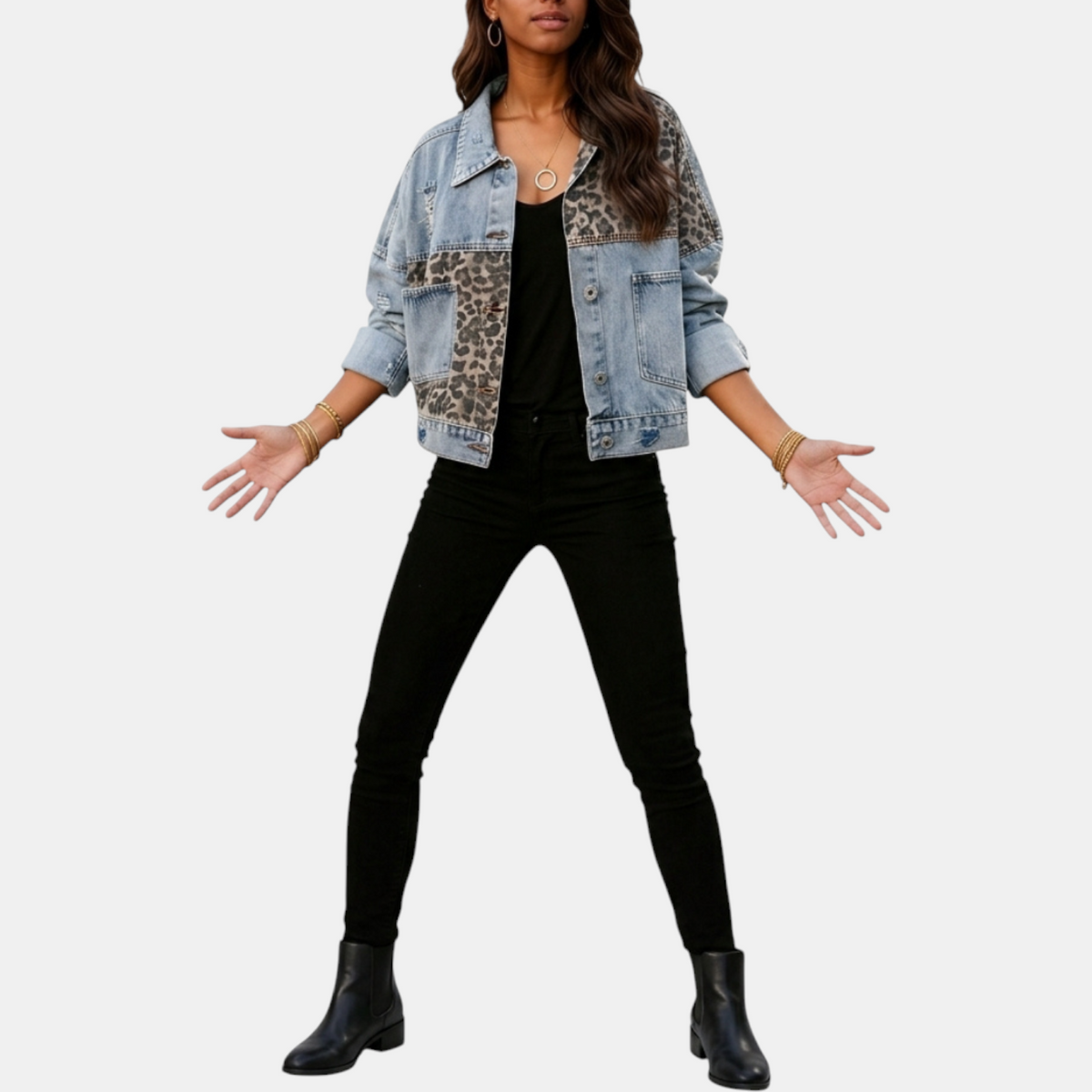 Women's Patchwork Denim Jacket with Frayed Hem Long Sleeve