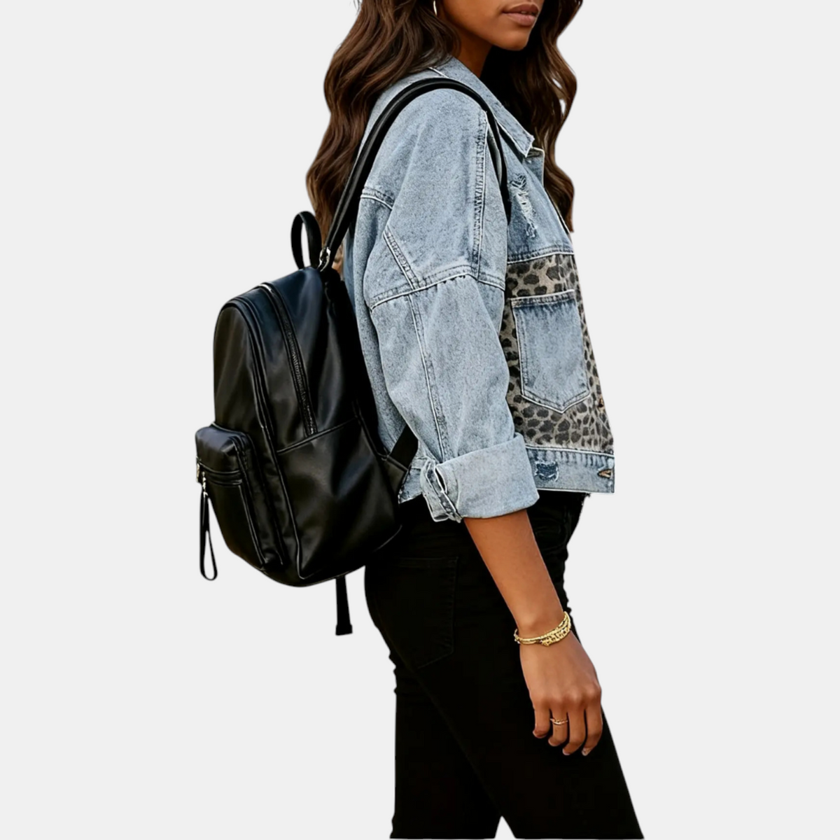Women's Patchwork Denim Jacket with Frayed Hem Long Sleeve