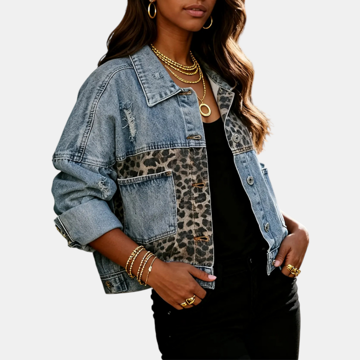 Women's Patchwork Denim Jacket with Frayed Hem Long Sleeve