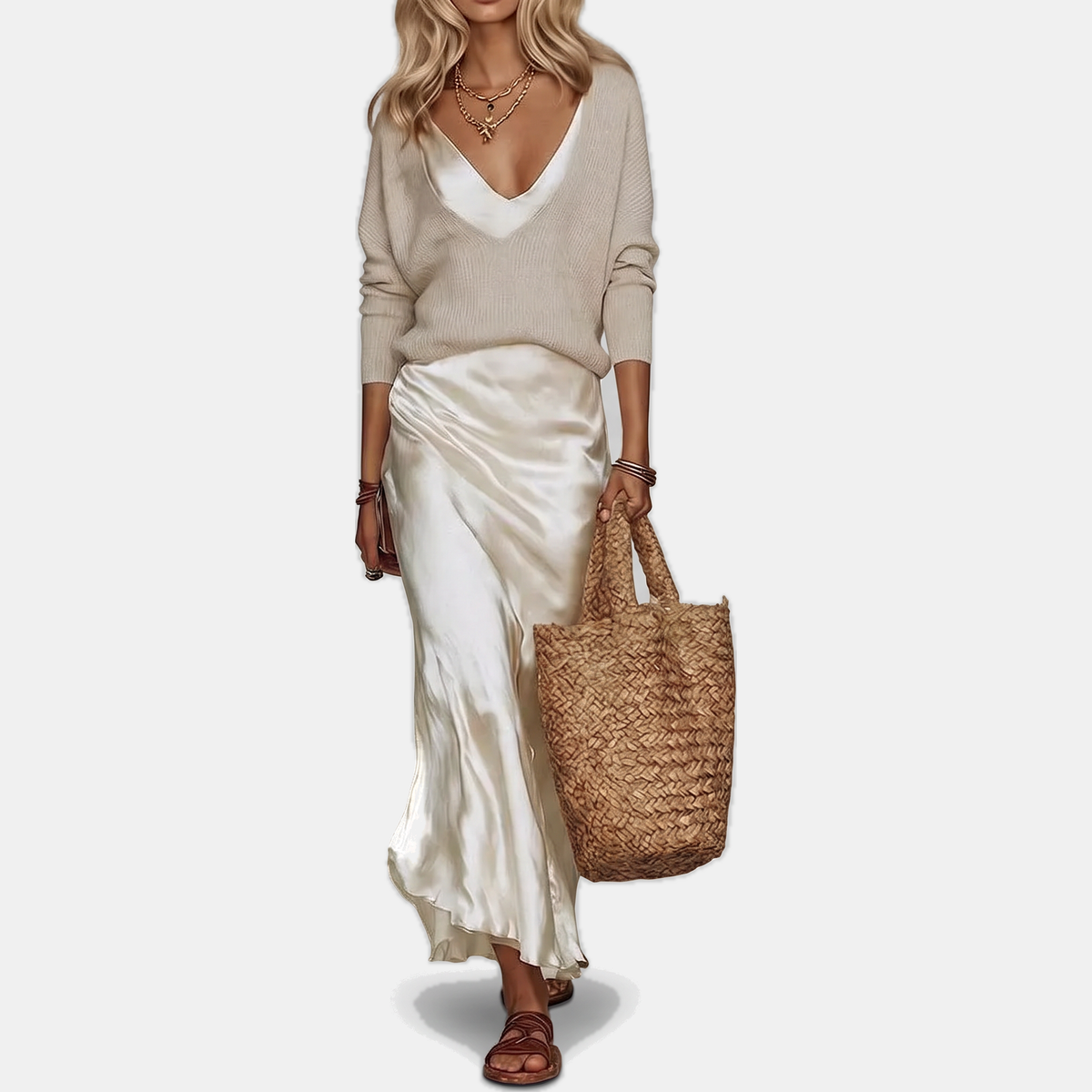 Women's Satin Bias Cut Midi Skirt Knit Sweater Two Piece Set
