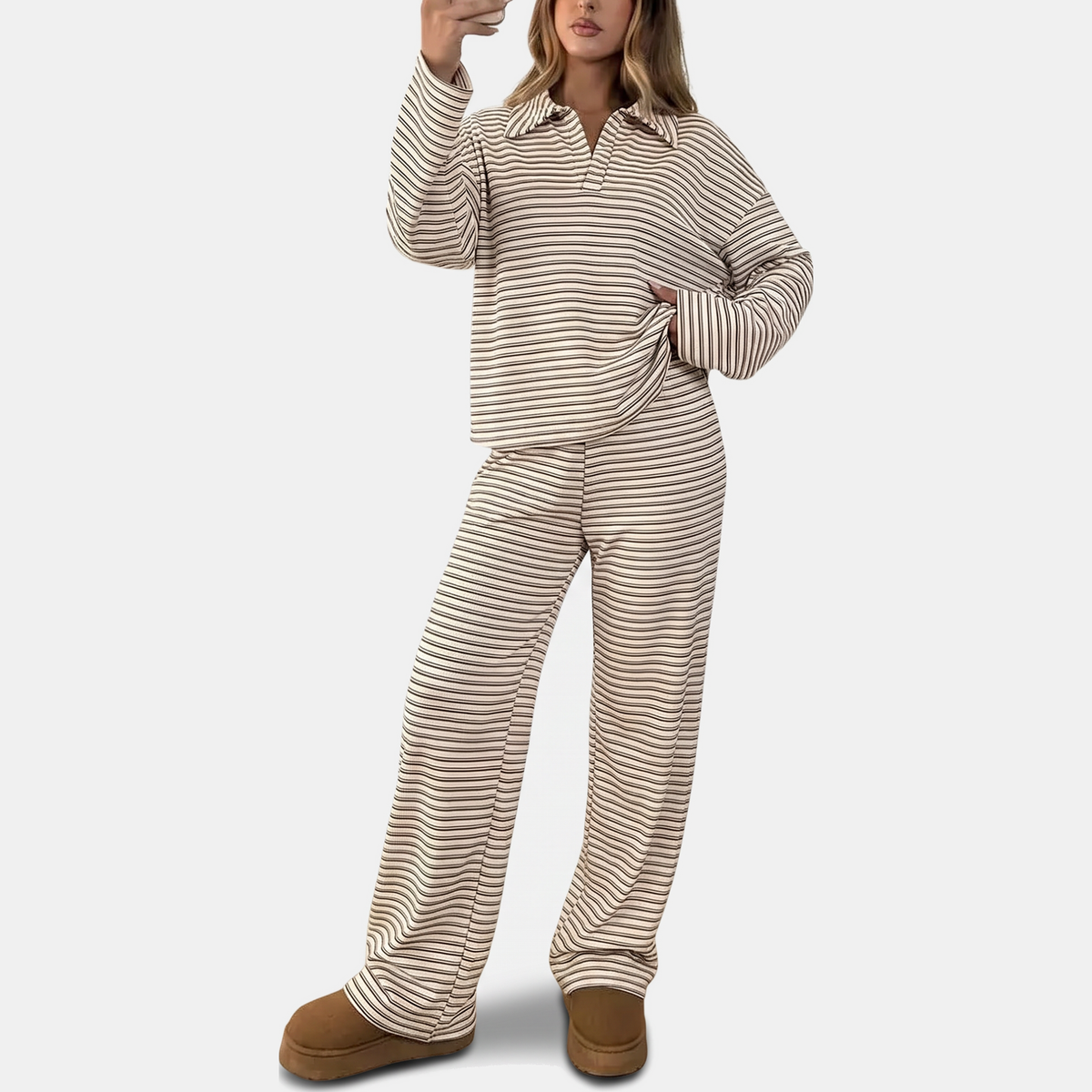 Women's Pajama Sets Striped Spread Collar Wide Leg Lounge Set