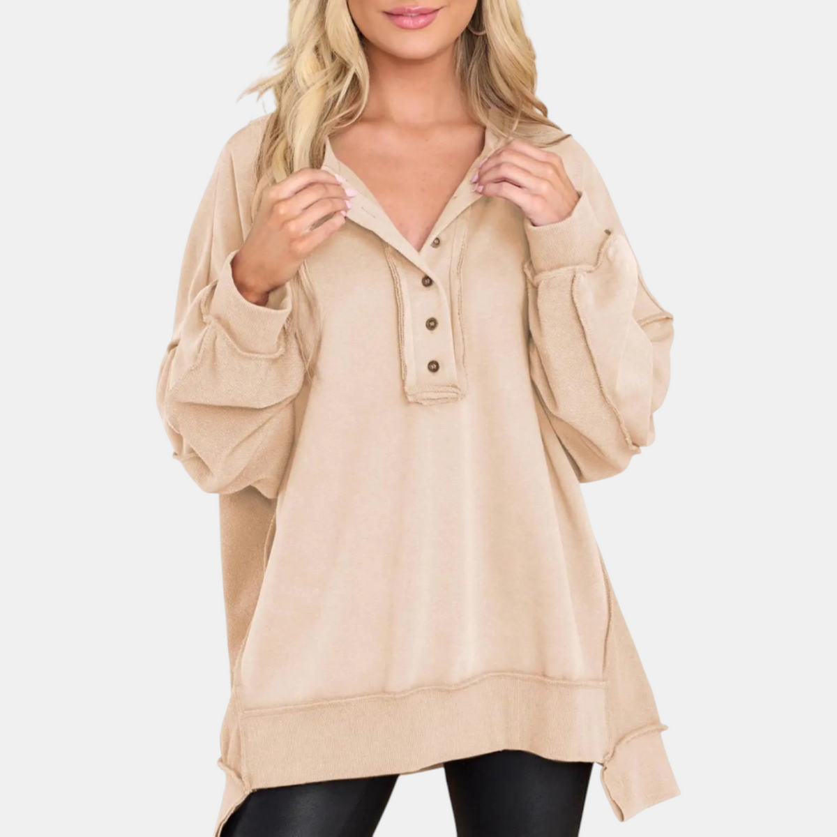 Women's Oversized Button Henley Sweatshirt with High Low Hem
