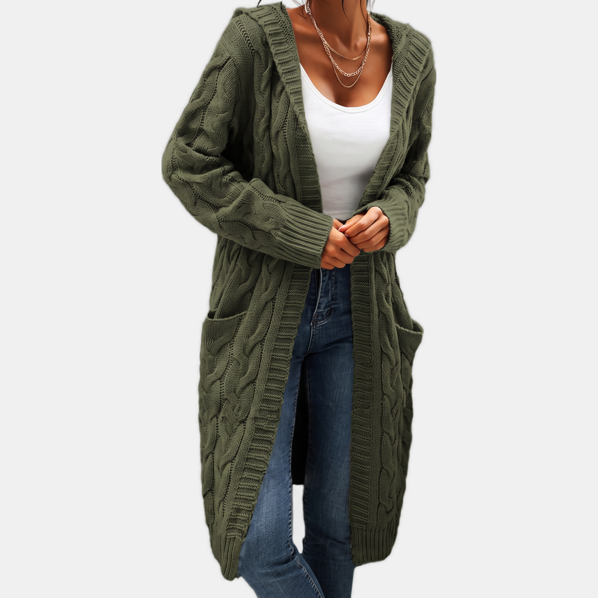 Women's Hooded Cable Knit Open Front Cardigan Sweater