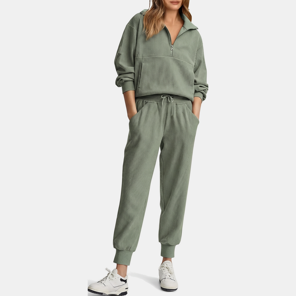 Women's Half Zip Ribbed Knit Lounge Set Pullover and Jogger Pants