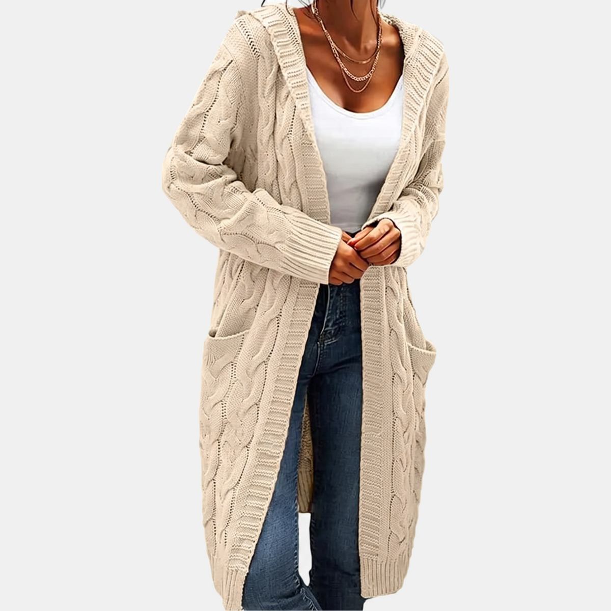 Women's Hooded Cable Knit Open Front Cardigan Sweater