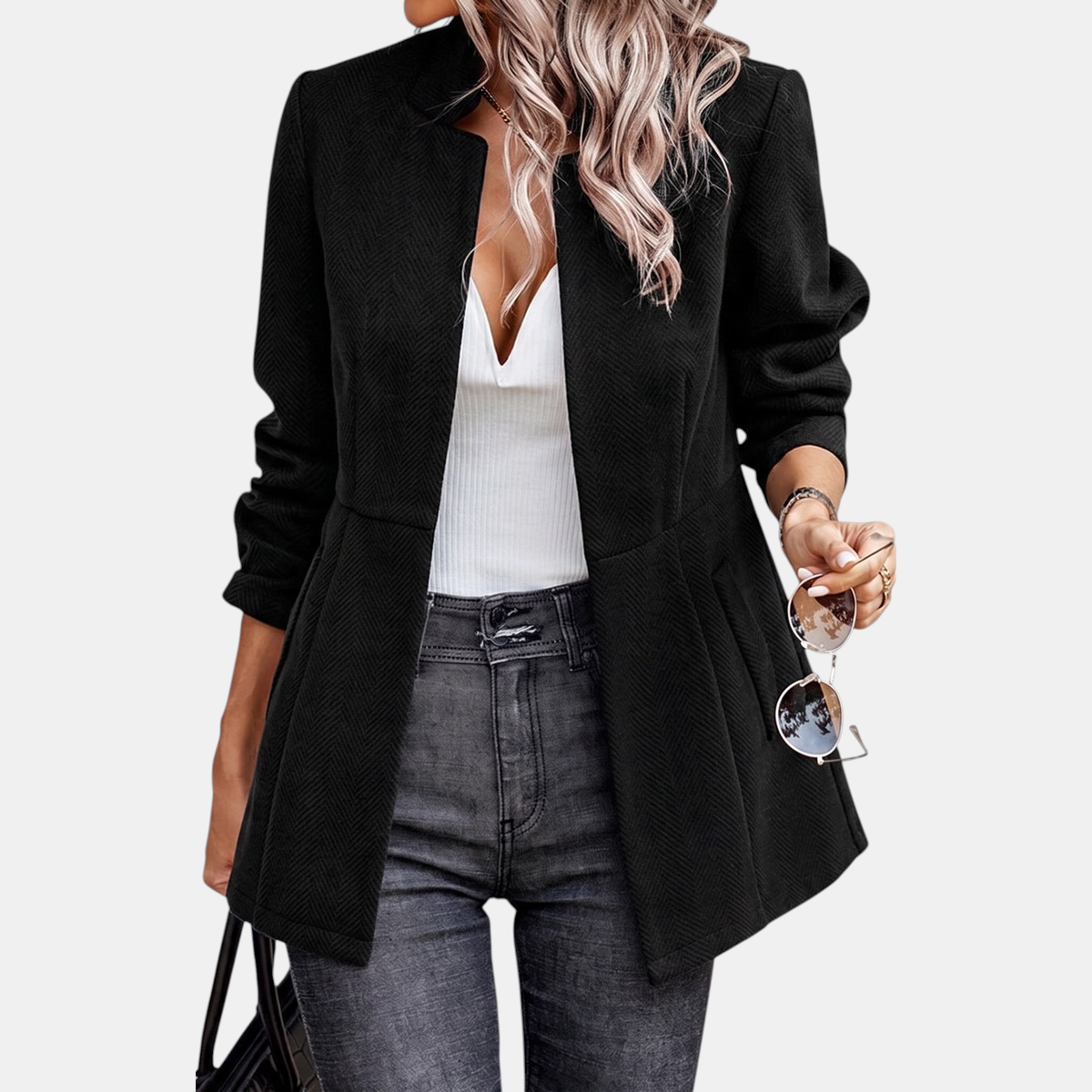 Women's Herringbone Open Front Notch Lapel Blazer Jacket