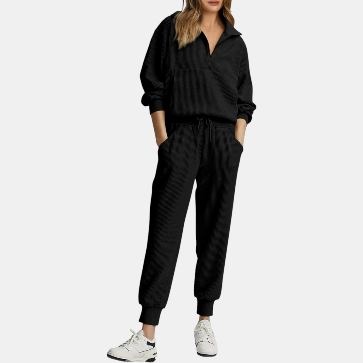Women's Half Zip Ribbed Knit Lounge Set Pullover and Jogger Pants