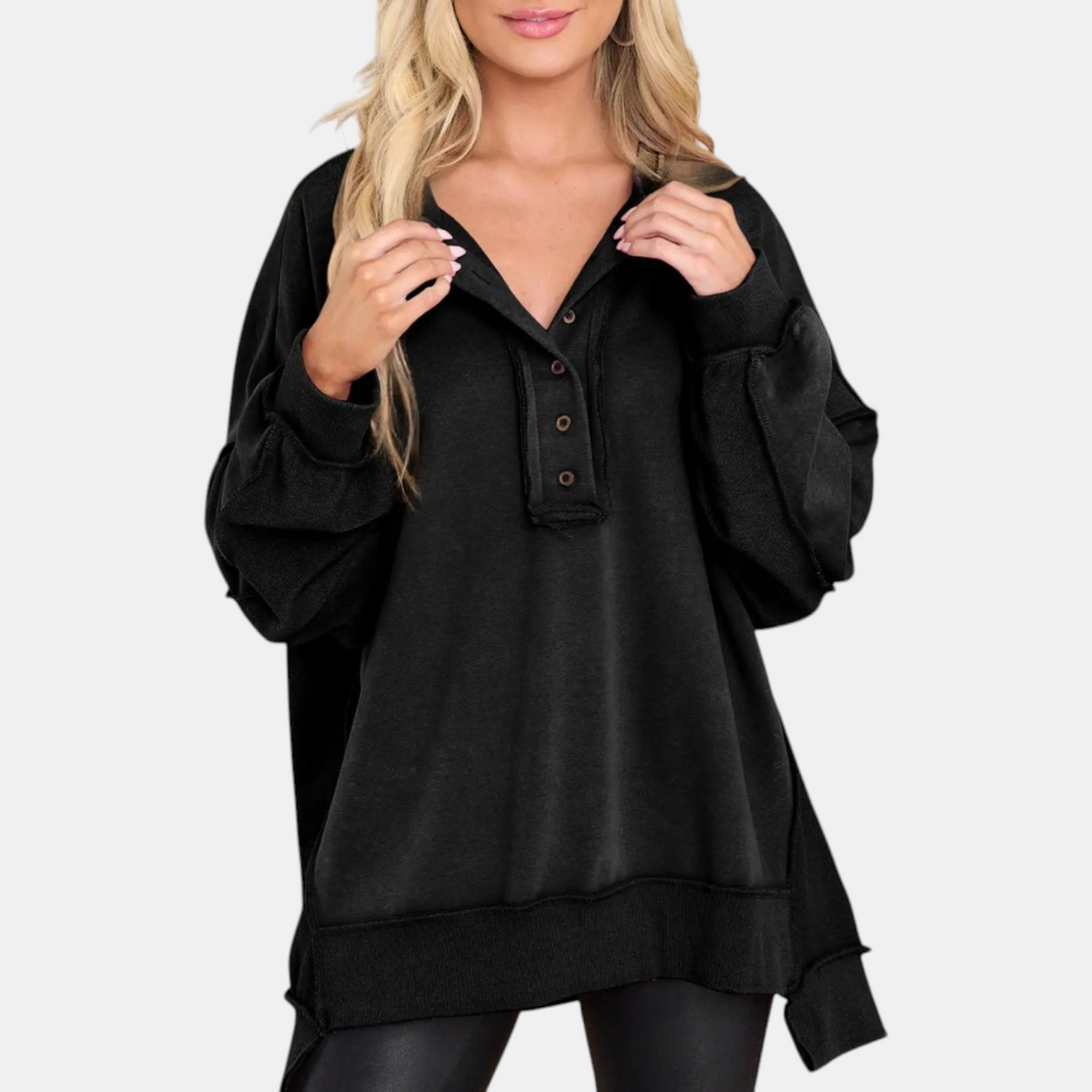 Women's Oversized Button Henley Sweatshirt with High Low Hem