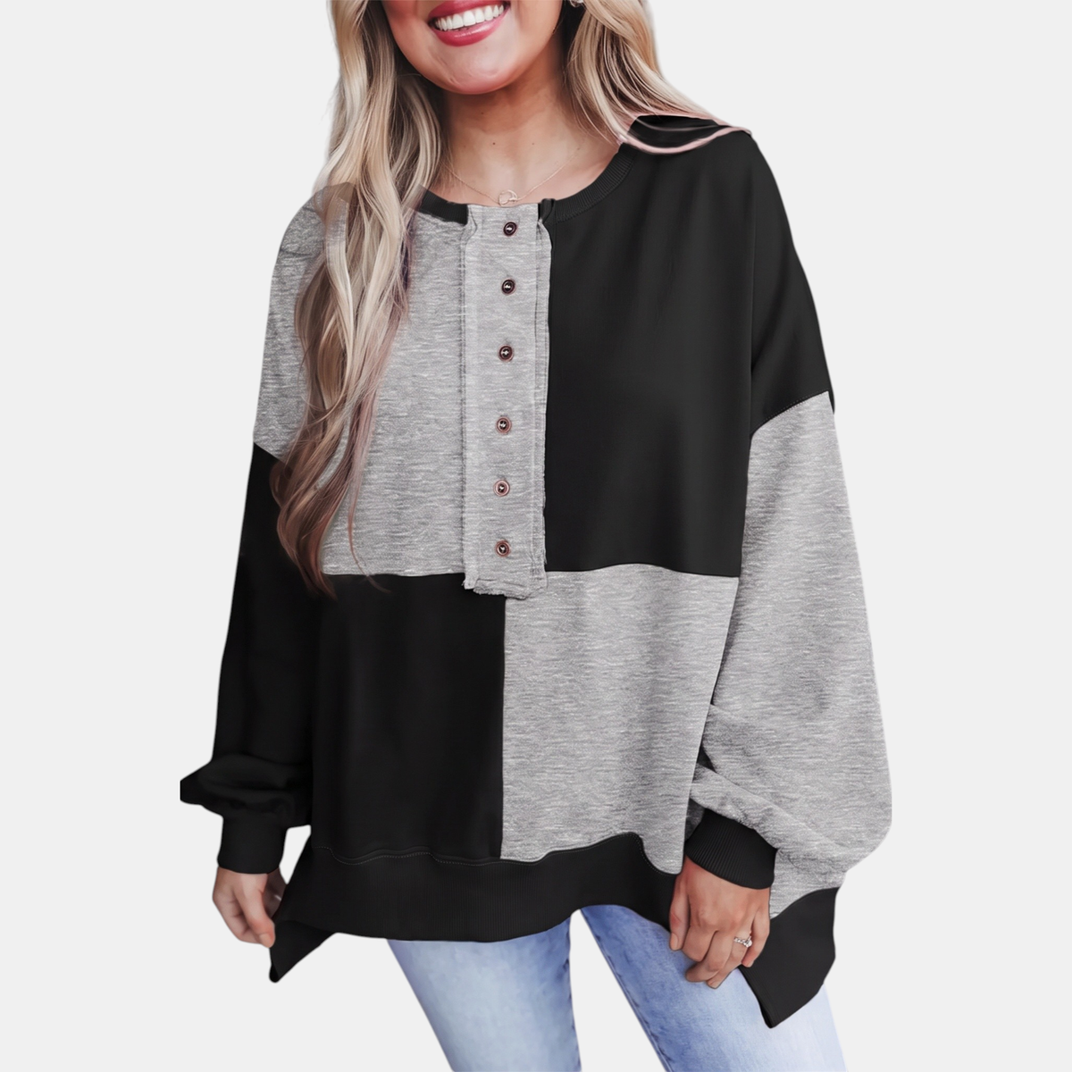 Women's Oversized Crewneck Sweatshirt with Button Placket and Side Slits