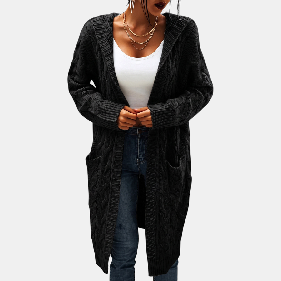 Women's Hooded Cable Knit Open Front Cardigan Sweater