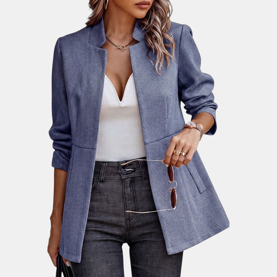 Women's Herringbone Open Front Notch Lapel Blazer Jacket