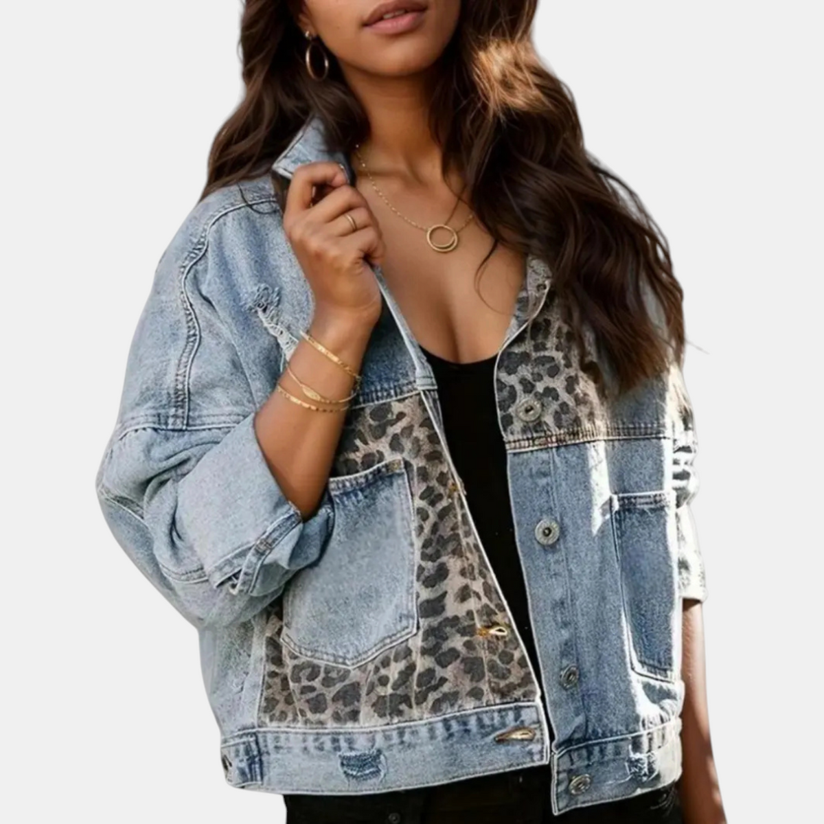 Women's Patchwork Denim Jacket with Frayed Hem Long Sleeve