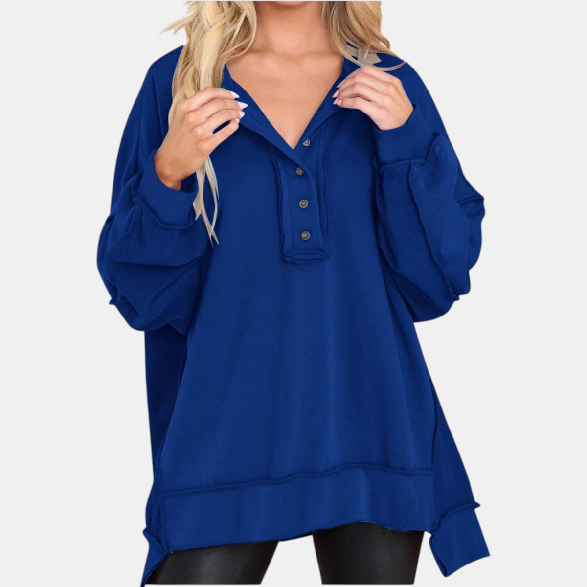 Women's Oversized Button Henley Sweatshirt with High Low Hem