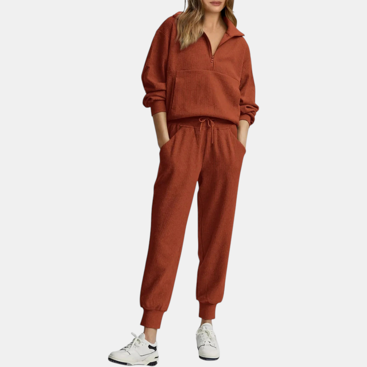 Women's Half Zip Ribbed Knit Lounge Set Pullover and Jogger Pants