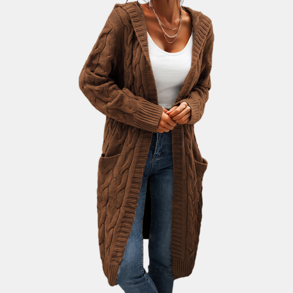 Women's Hooded Cable Knit Open Front Cardigan Sweater