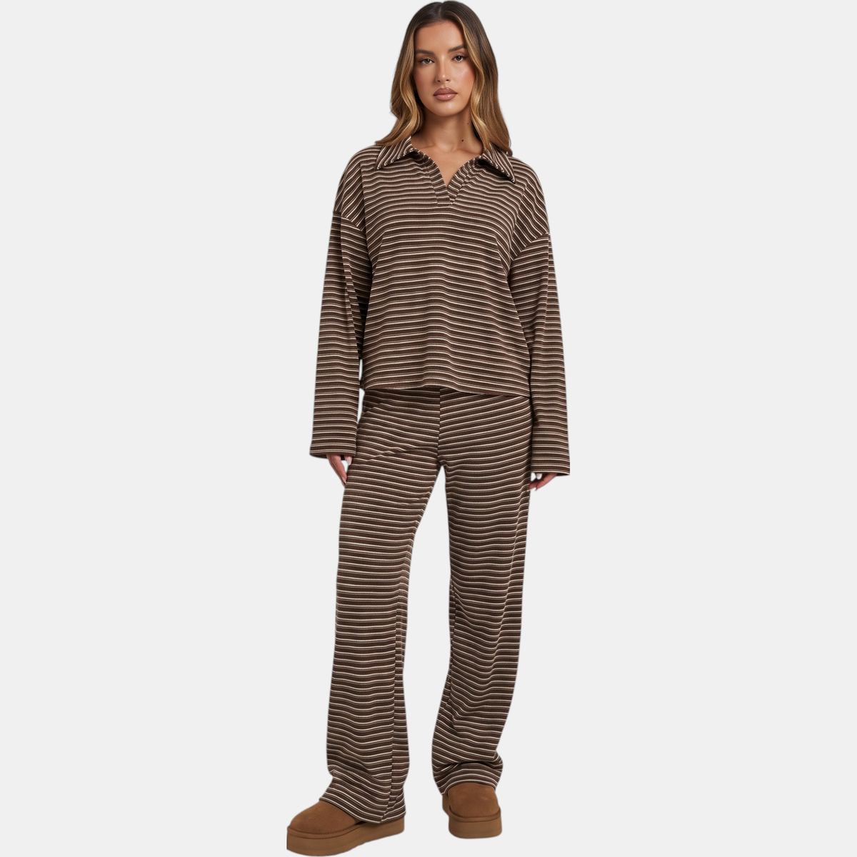 Women's Pajama Sets Striped Spread Collar Wide Leg Lounge Set