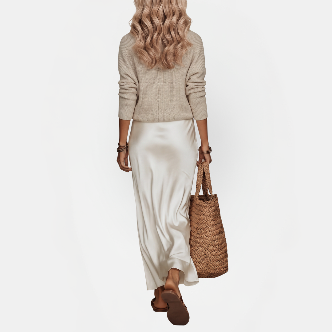 Women's Satin Bias Cut Midi Skirt Knit Sweater Two Piece Set