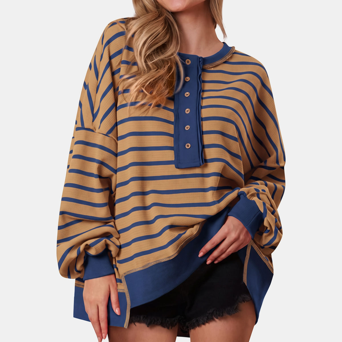 Women's Oversized Waffle Knit Henley Button Front Sweater
