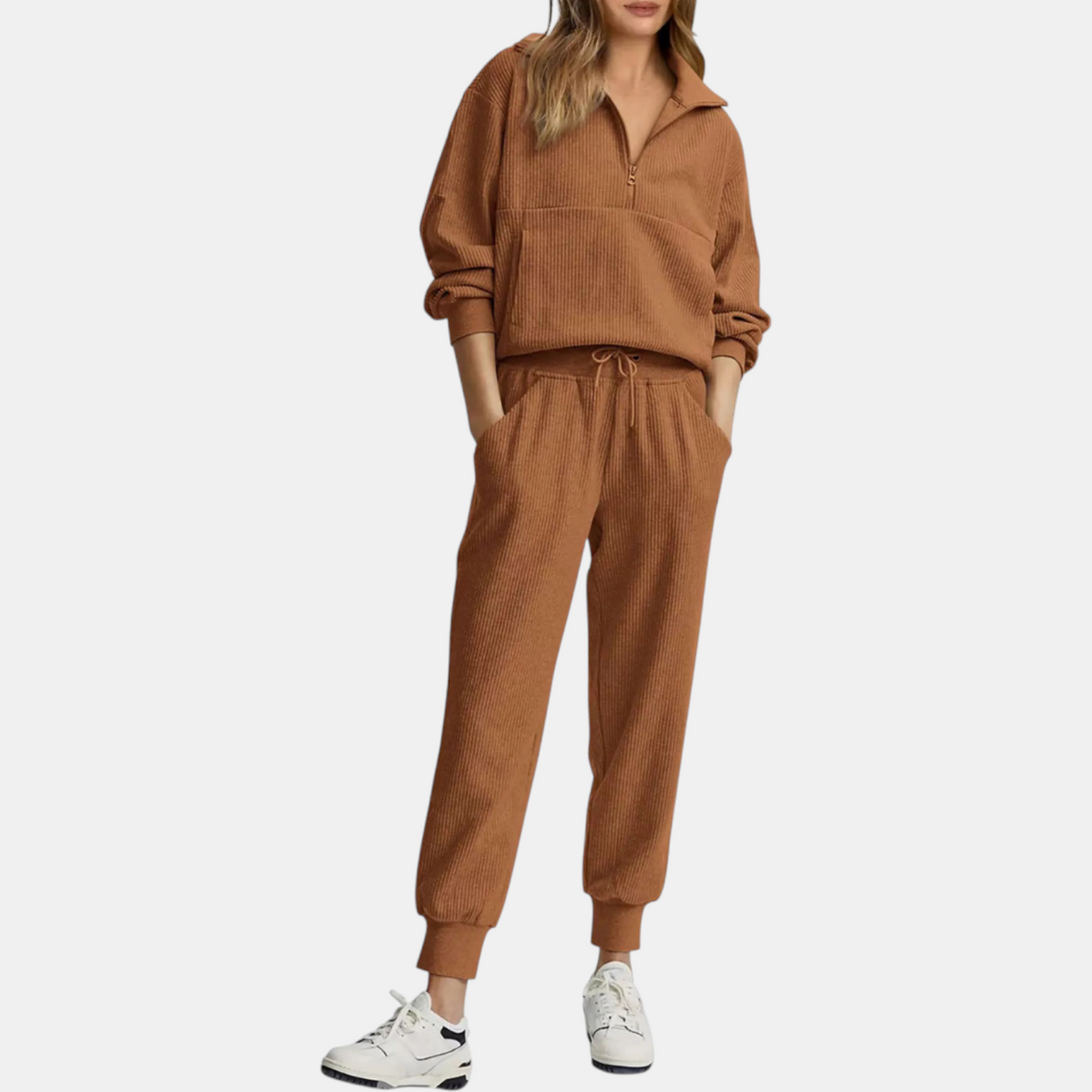 Women's Half Zip Ribbed Knit Lounge Set Pullover and Jogger Pants