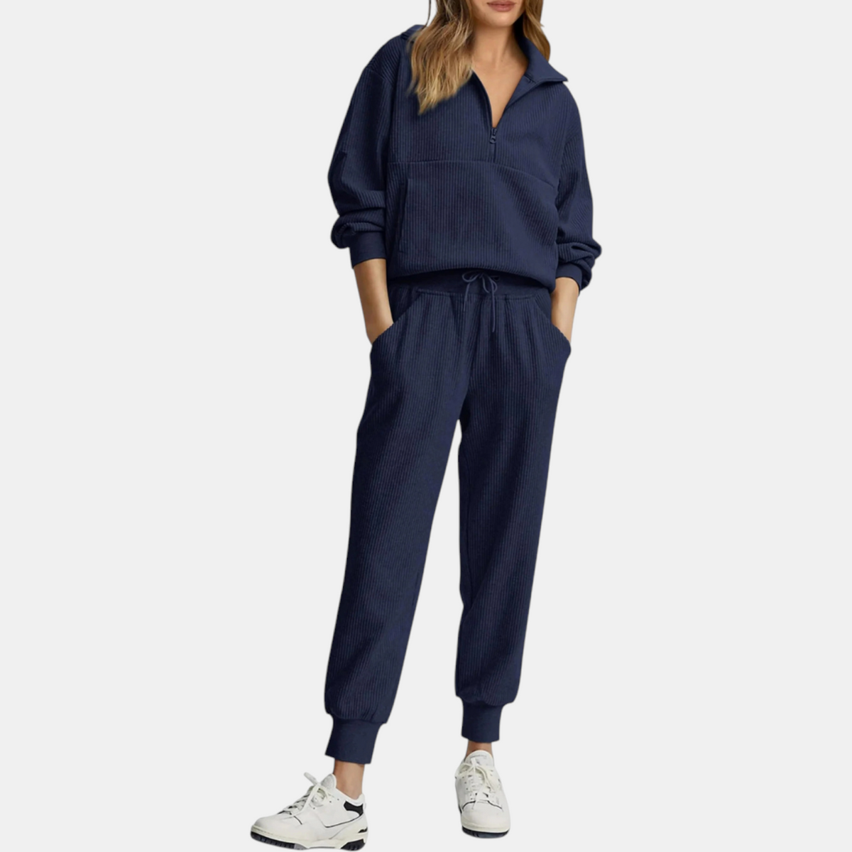 Women's Half Zip Ribbed Knit Lounge Set Pullover and Jogger Pants