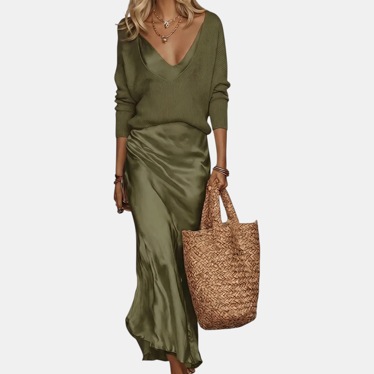 Women's Satin Bias Cut Midi Skirt Knit Sweater Two Piece Set