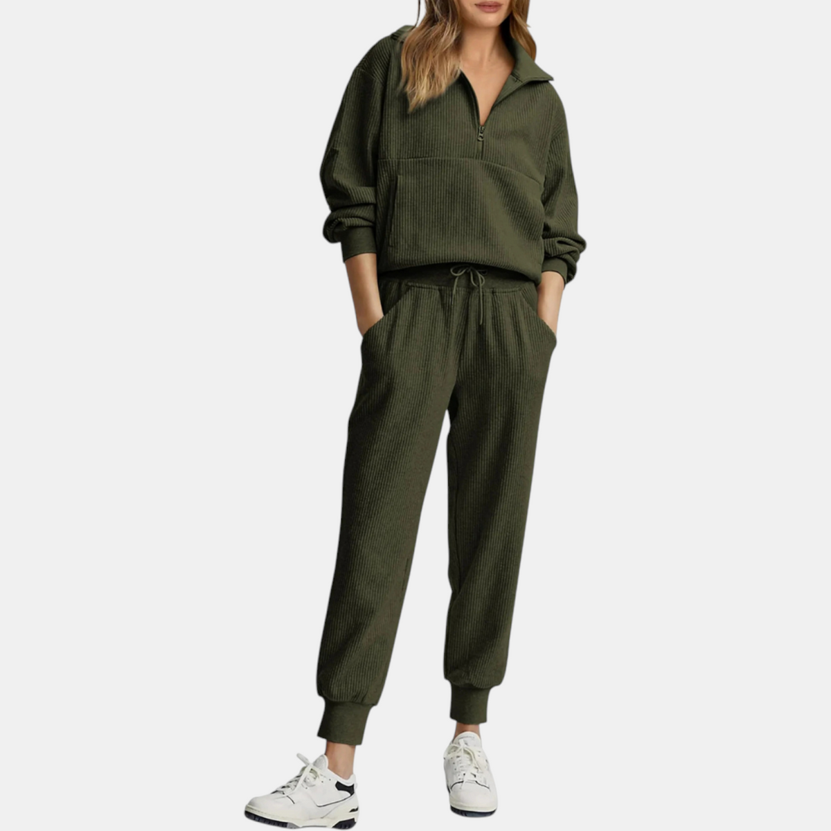 Women's Half Zip Ribbed Knit Lounge Set Pullover and Jogger Pants