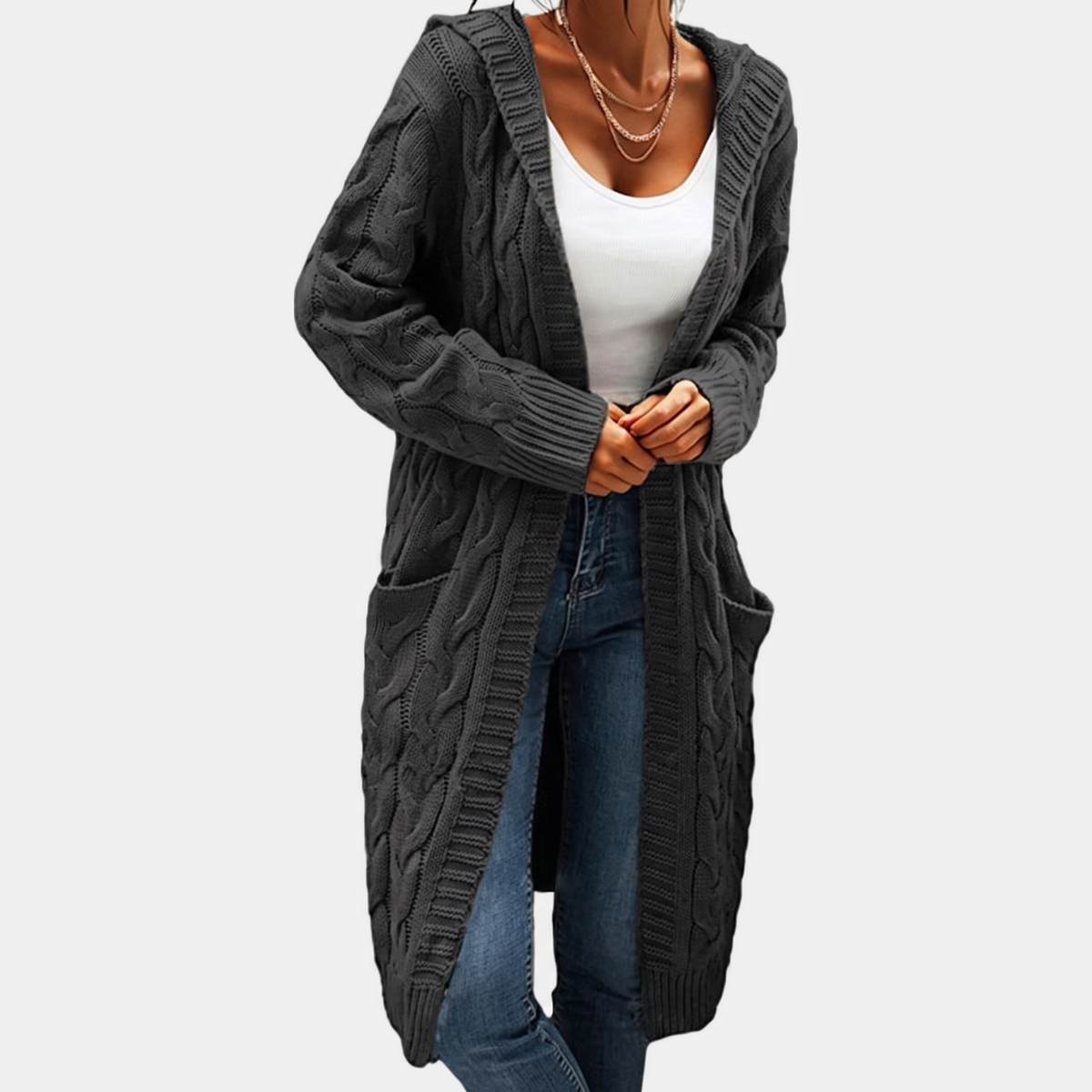 Women's Hooded Cable Knit Open Front Cardigan Sweater