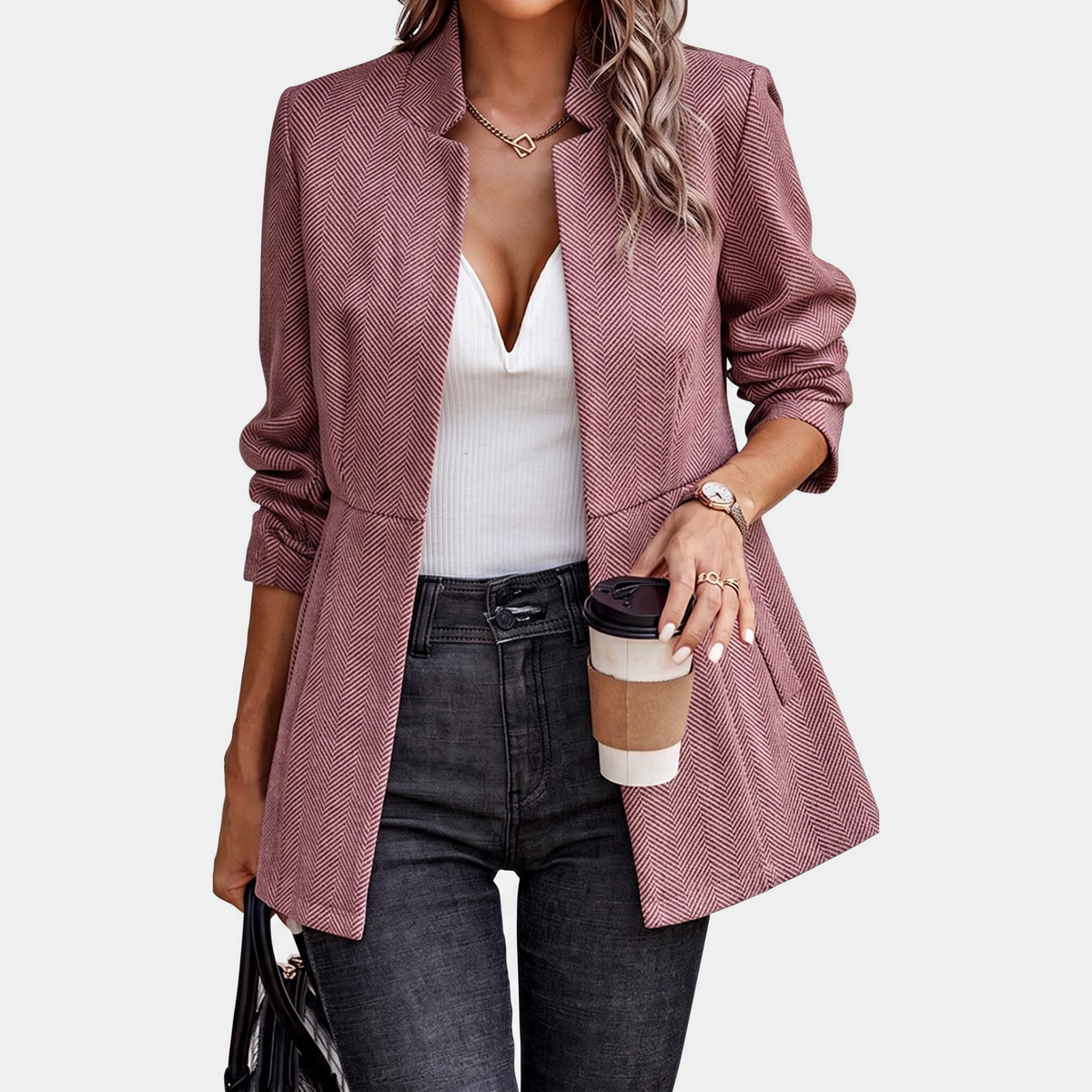 Women's Herringbone Open Front Notch Lapel Blazer Jacket