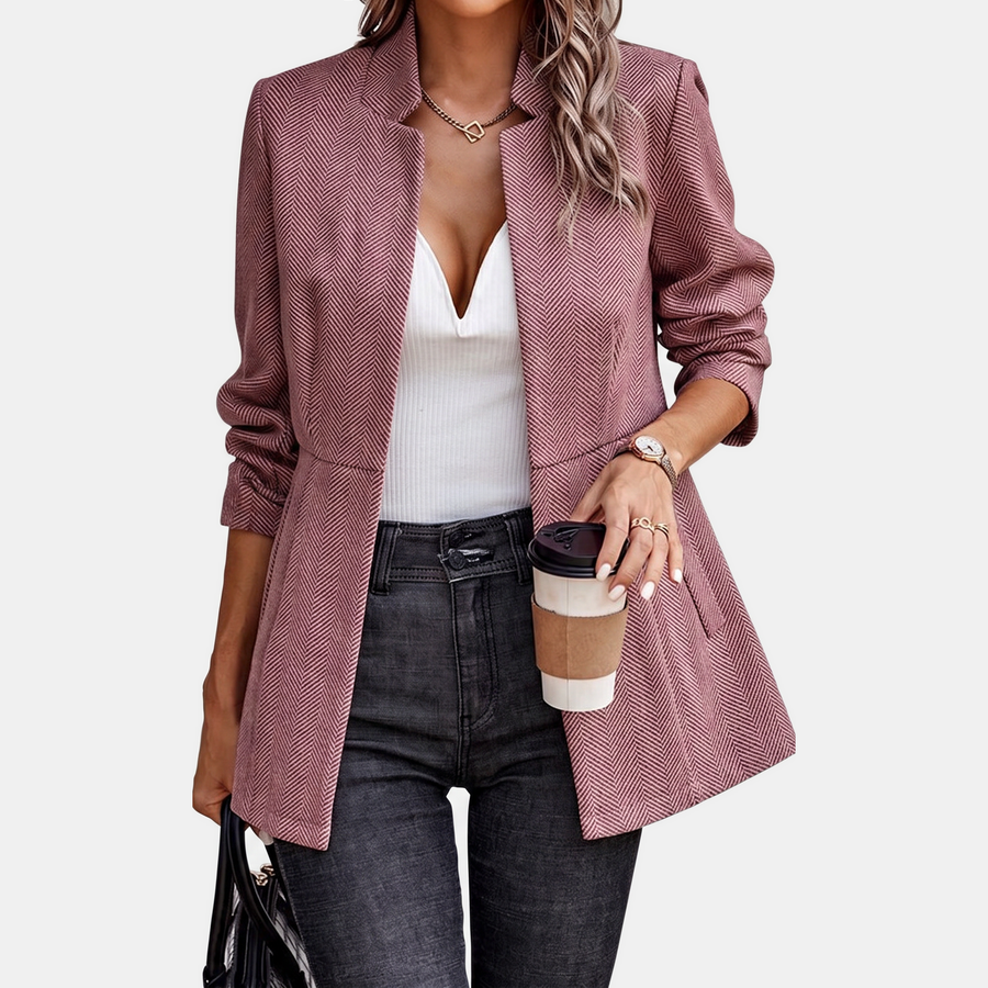 Women's Herringbone Open Front Notch Lapel Blazer Jacket