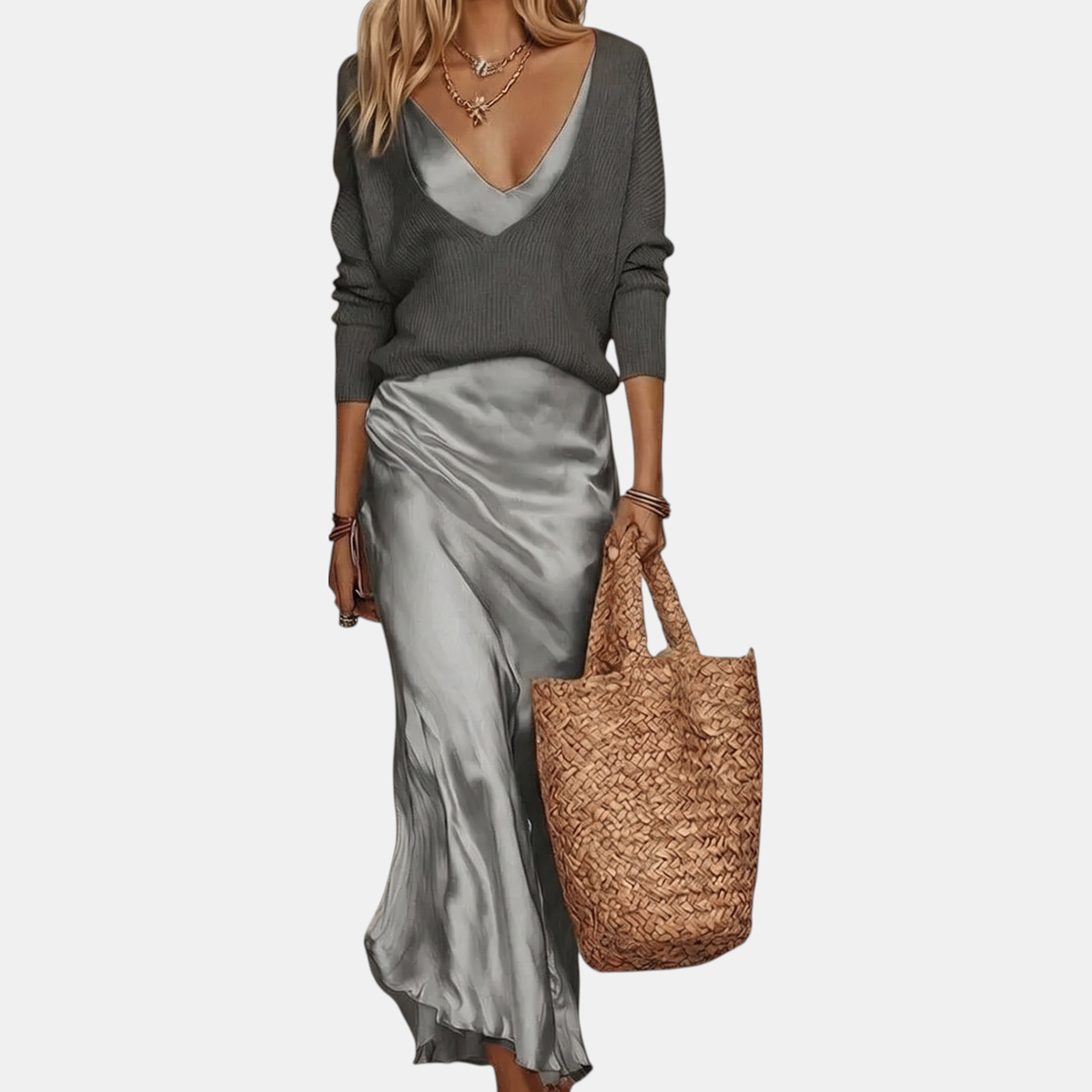 Women's Satin Bias Cut Midi Skirt Knit Sweater Two Piece Set