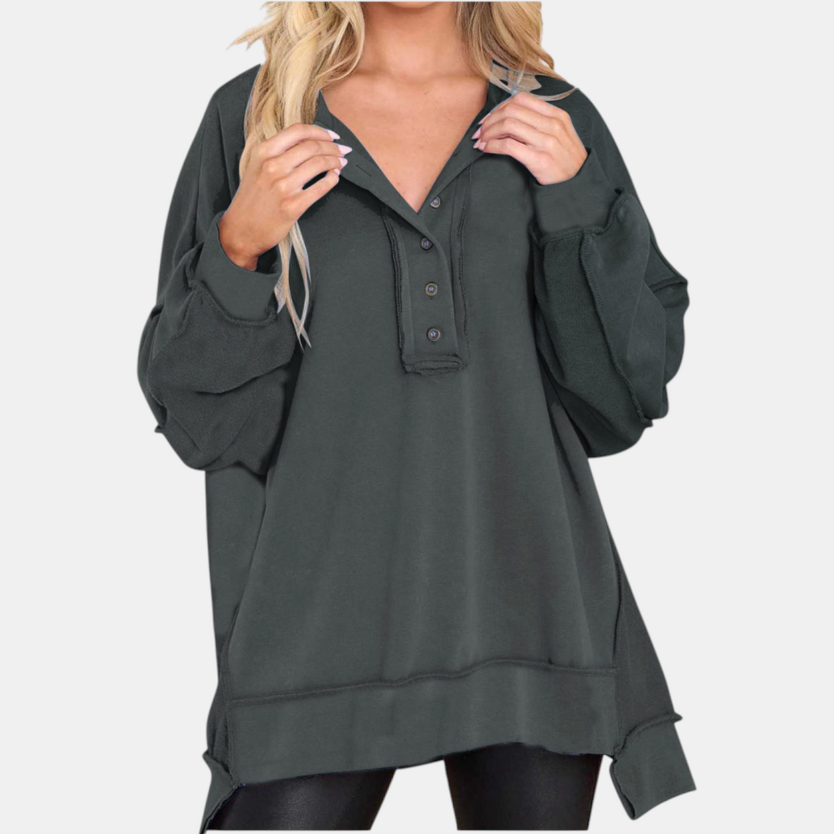 Women's Oversized Button Henley Sweatshirt with High Low Hem