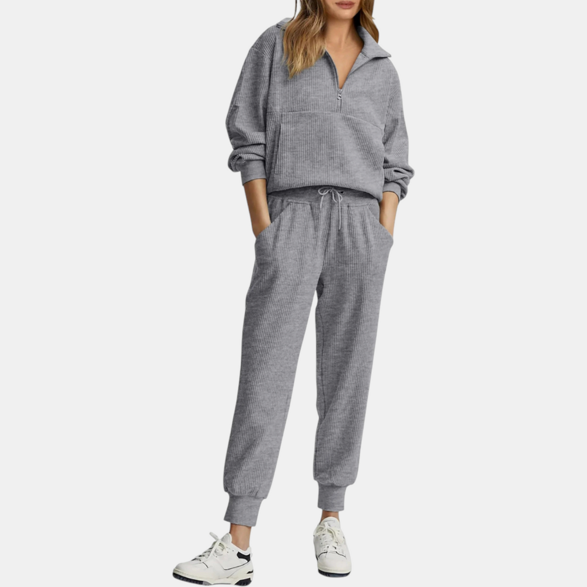 Women's Half Zip Ribbed Knit Lounge Set Pullover and Jogger Pants